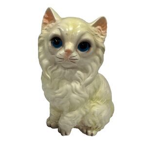 Vintage Norleans Hand-Painted Blue-Eyed Long-Haired White Persian 7.5" Cat